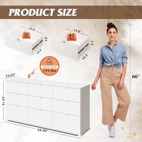 WLIVE 9 Drawer Dresser for Bedroom, 63" Wide White Drawers Large Wood Chest of Drawers Organize with Sturdy Metal Handle, Modern Dresser for TV Stand, Living Room Office, Hallway, Ball Bearing Slide