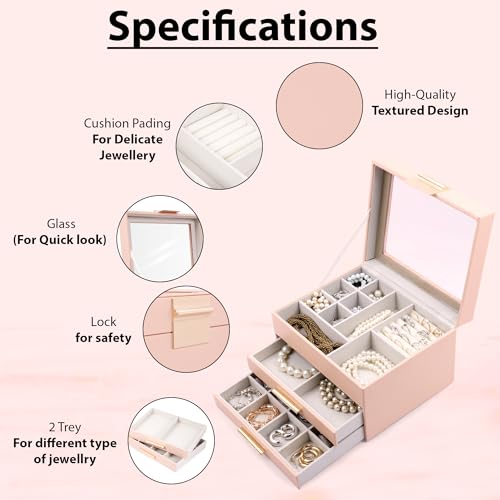 Image of BucketList Luxury PU Leather Jewellery Organizer Box with Glass Top | Multi-Drawer Jewelry Storage Case with Ring Slots & Compartments | Elegant Lockable (2 Drawers Jewellery Box (Pink))