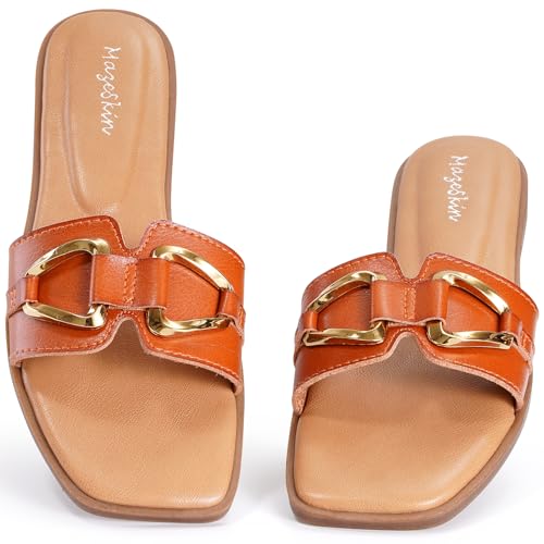 mazeskin Women's Square Open Toe Dressy Slide Sandals Cute Summer Comfortable Flat Slippers with Metal buckle