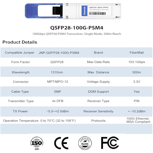 Image of 100G QSFP28 PSM4 Compatible for Juniper JNP-QSFP-100G-SR4 100GBASE-PSM4 QSFP28 Optical Transceiver Module 1310nm 500m DOM MTP /MPO SMF