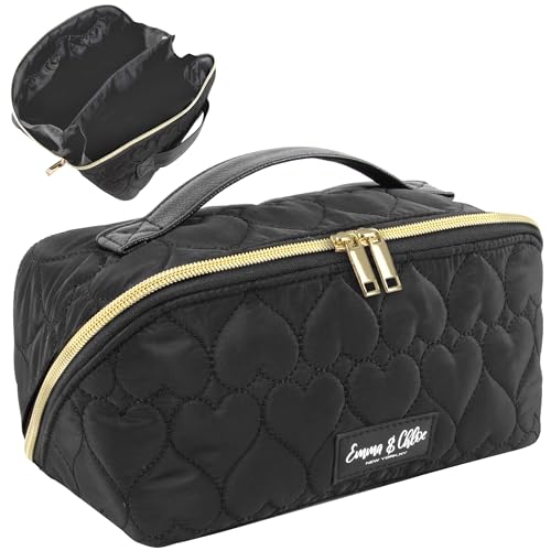 Emma & Chloe Bolsa de cosméticos compacta com compartimentos | 6 seções à prova d'água, estojo de maquiagem de higiene pessoal de viagem para mulheres – Bolsa de fácil abertura de 180°, Corações