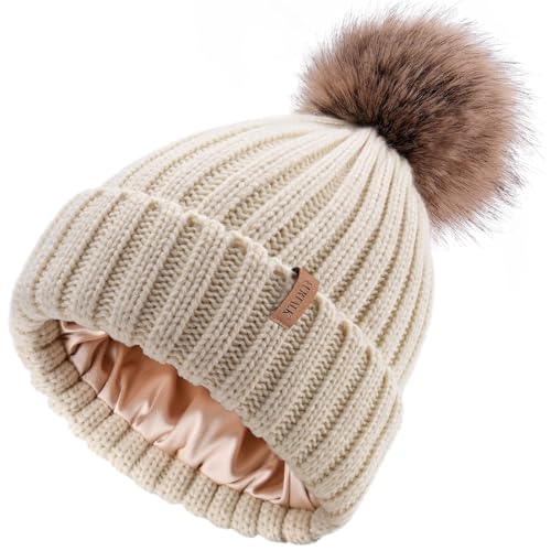 FURTALK Beanie Hats Women Satin Lined Knitted Hat Detachable Pompom Soft Feel Winter Hat Breathable for Girls Cream