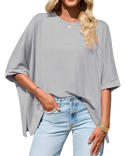 Bestsister Womens Oversized Tshirts Batwing Short Sleeve BaggyTops Summer Loose Fit Tunic Tee Plus Size Crewneck Shirts Grey