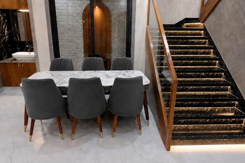 Image of WOODEN SPACE 6-Seater Wooden Dining Table Set | Nano Composite Marble Top | Solid Wood Base | Modern Dining Room Furniture with 6 Chairs (Darkgrey Frontline)