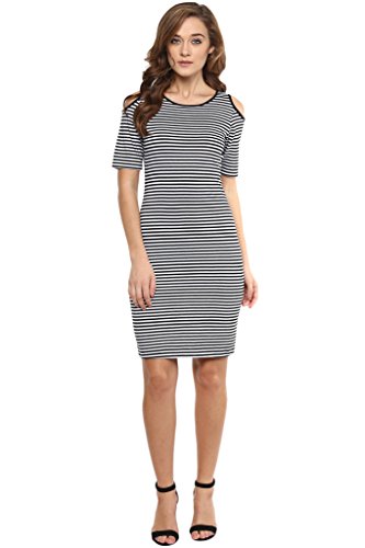 Image of Miss Chase Women's Grey and White Round Neck Half Sleeves Striped Mini Bodycon Dress
