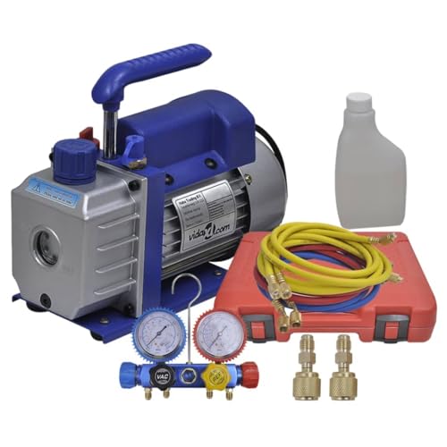 vidaXL Vakuumpumpe Einstufig mit 4-Wege-Verteiler-Manometer Set Vacuumpumpe Unterdruckpumpe Vacuum Kompressor Pumpe Klimaanlage Monteurhilfe