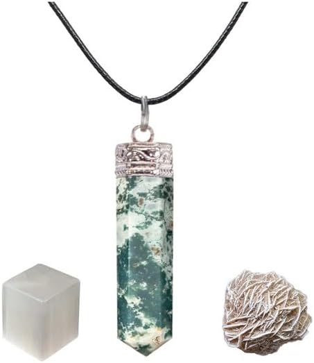 Natural Lepidolite 6 Sided Point Pendant (1 Pcs) with Selenite Cube and Rose Desert Selenite