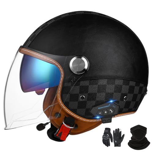 Casco Jet Bluetooth Casco Moto Certificazione ECE Casco Pelle Casco Scooter Casco Jet per Adulti Uomo Donna con Doppia Visiera Parasole B-1,L (57-59 cm)