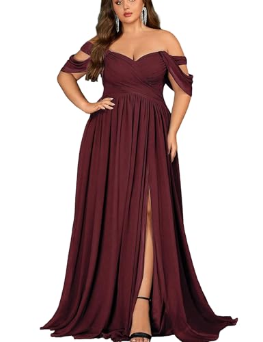 VOUIAO Women's Daily Plus Size Dresses A Line Chiffon Wedding Guest Bridesmaid Maxi Dress Prom Evening Party Cocktail Gown Wine red 1XL