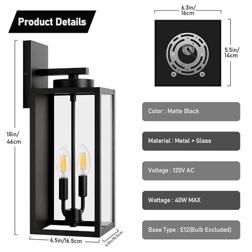 Image of BesLowe 18 inch Large Outdoor Wall Light, 2-Light Exterior Porch Sconce, Black | Waterproof, Rust-Resistant, Durable Metal with Clear Glass, Standard E12 Socket, Easy to Install