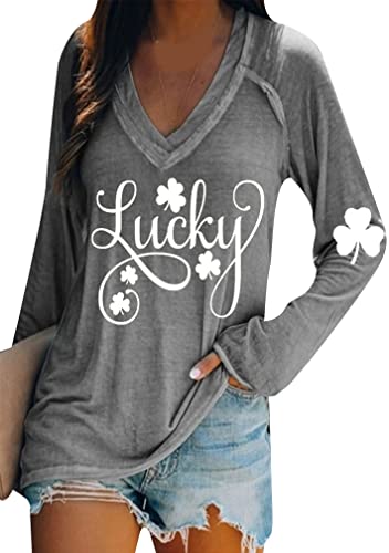 Image of BOFETA Women St Patricks Day Sweatshirts Loose Long Sleeve Shirts Green Shamrock Print Blouse Flowy Color Block Pullover Tops