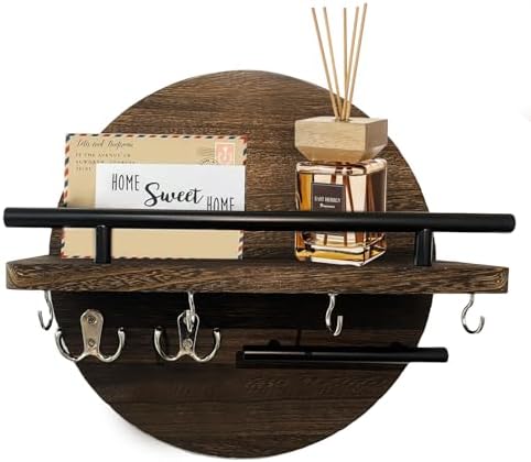 Key Holder Circular Wooden Mail Organizer Wall Mount with 6 Hooks image 5
