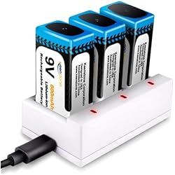 Cargador Y Pilas Recargables 9V Juego de 3PCS 9V Pilas Recargables y Cargador de 3 Ranuras, Keenstone 800mAh Batería de Litio 9V PP3 Recargable Baja Autodescarga Densidad de Alta Energía 500 Ciclos de Carga (Cable USB Incluido)