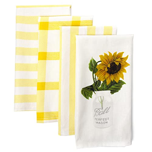 Perlli Kitchen Dish Towels 22.5 X 16 Inches Set Of 4 Decorative Towel Set Yellow And Lemon Print Sunflower Décor Towel, 100% Cotton Lint Free Absorbent Hand Dish Cloth And Tea Towel #TOP27