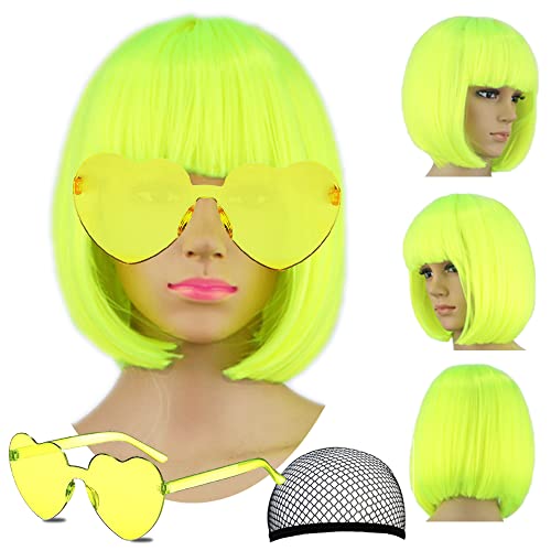 Image of LIULIUBTY Short Bob Hair Wigs Straight with Flat Bangs Synthetic Colorful Cosplay Daily Party Neon Wig for Women + Free Wig Cap 13 inch Natural As Real