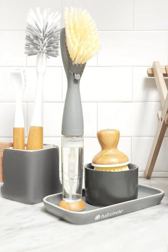 Full Circle Organizador para Fregadero de Cocina de Cerámica | Bandeja con Recipiente para Estropajo, Detergente o Jabón | Apto para Lavavajillas | Diseño Minimalista Gris Oscuro 9,6 × 19,3 cm