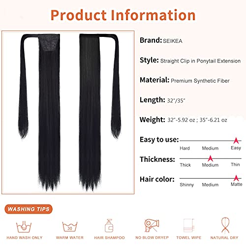 Seikea 35 Inch Clip In Ponytail Extension Wrap Around Long Straight Pony Tail Hair Synthetic Hairpiece For Women - Black #TOP3