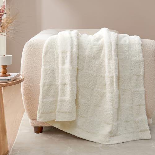 Snuggle Sac Ivory Checkered Throw Blanket for Couch,Cozy Soft War...