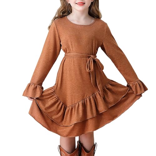 Robe pour filles unie 5-14 ans : vêtement décontracté à volants avec ceinture tendance
