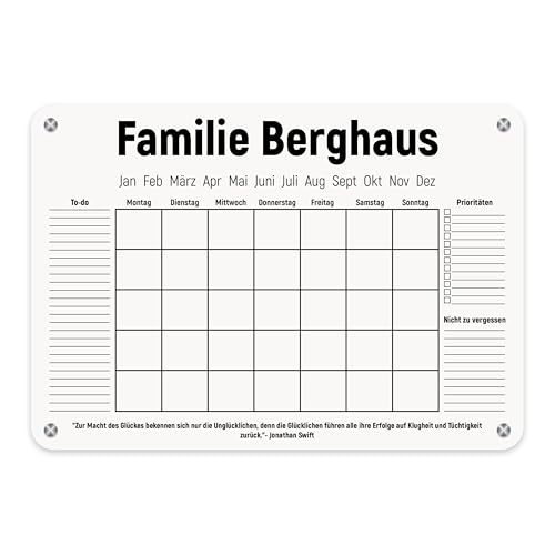 LAUBLUST Personalisierter Acrylglas Wandkalender - A2, A3, A4 - Weiß | Familienplaner mit Familienname & Wunschtext - Wochenplaner & Monatsplaner als Familienkalender | Jahresplaner abwischbar