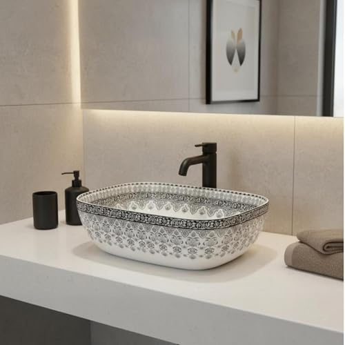 BASSINO 18x13x6 Inch Ceramic Counter Top Wash Basin/1 Year Warranty/White & Black Basin for Bathroom/Moroccan Design/Rectangular Tabletop Washbasin for Restaurant/Dining Hall/Living Room/Home(Glossy)