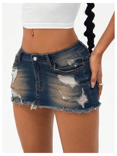 MakeMeChic Women's Denim Mini Skirt Low Waist Distressed Raw Hem Micro Jean Skirts2