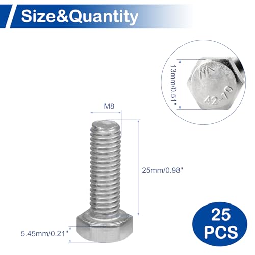 Image of MroMax 25Pcs M8-1.25 Hex Bolts, M8 x 25mm Hex Head Screws Bolts | 304 Stainless Steel 18-8, Fully Threaded, External Hex Drive, for Medium Panel Fixing and Equipment Guard Installation