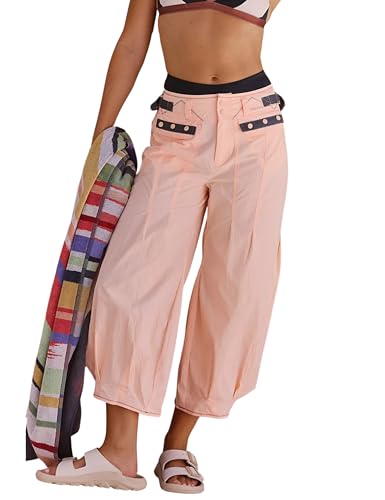 Tanming Womens Cropped Pants Casual Baggy Pleated Button Balloon Leg Color Block Mid Rise Trousers with Patch Pockets