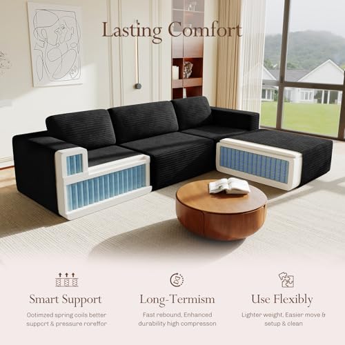 Image of Vesgantti 119 inch L-Shaped Modular Sectional Sofa, Corduroy Cloud Couch with Deep Seating & Spring Support, Flexible Layout Sofa with Ottoman, Boneless Style, No Assembly Required, Black