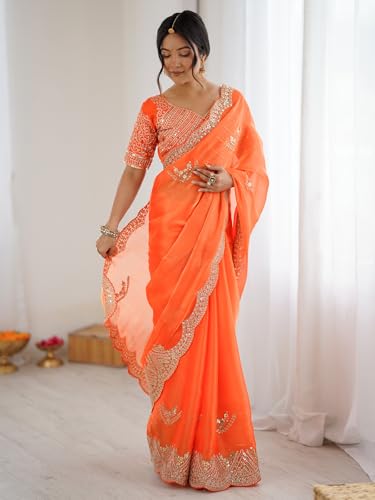 Image of Satrani Women's Tissue Silk Sequin Embroidery Scalloped Border Saree with Unstitched Blouse Piece