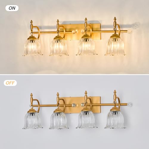 Image of CVKASH 4-Light Bathroom Vanity Light Fixtures Over Mirror,Brushed Gold Modern Vanity Lights with Glass Shade Vintage Wall Sconce for Bedroom Dressing Room Living Room Hallway Cabinet