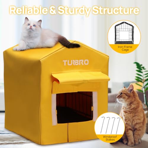Image of TURBRO Heated Cat House, Insulated and Weatherproof Iron Shelter for Feral and Cats, Heating Pad Bed with 14.7ft Anti-Bite Cord, UL Test Passed, Yellow
