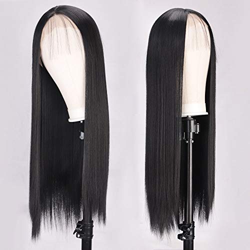 AISI QUEENS Black Lace Front Wigs Synthetic Long Straight Hair Wigs for Women Middle Part Full Wigs with Baby Hair Natural Looking Heat Resistant Fiber