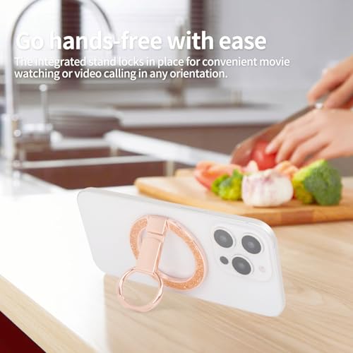 Phone Ring Grip, Magnetic Phone Ring Stand,Ultra Thin Phone Kickstand with Finger Loop, Phone Grip Holder for Mag Safe iPhone 16/15/14/13/12 Series (Rose Gold Diamond)