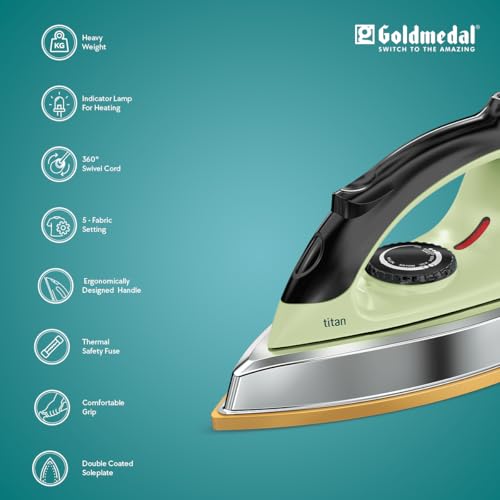 Image of Goldmedal Titan 1000W Dry Iron| Non-stick Weilburger Premium Double Coated Soleplate| 5 Fabric Setting|1.8 Meter Cord| 360 Swivel Cord| 2.5 Years Warranty| 1.5KG Heavy Weight (Mint Green)