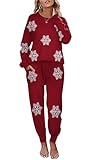 Ekouaer Women's 2 Piece Lounge Set Long Sleeve Knit Pajamas Sweatsuit Jogger Pant Outfits With Pockets,Christmas Red,Small