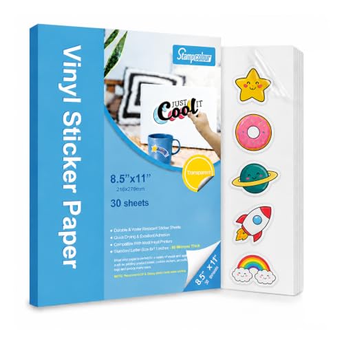 Stampcolour 30 Sheets Clear Printable Sticker Paper for Inkjet Printer, 8.5x11 Vinyl Transparent Sticker Paper, Dries Quickly Vivid Colors Decal Paper,Tear Resistant for DIY Stickers & Decals