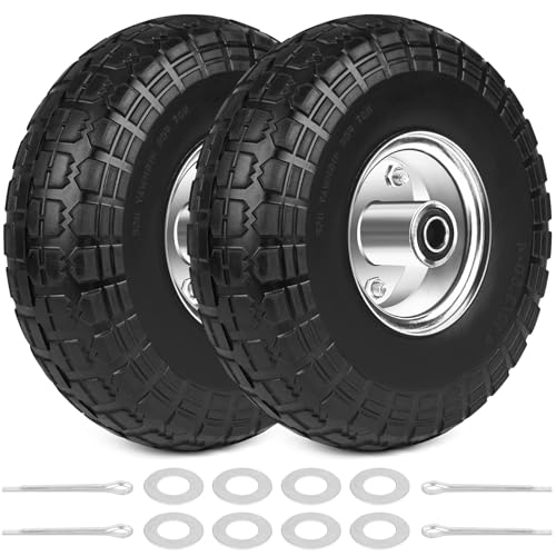 4.10/3.50-4 Tires 10" Flat Free Wheels Replacement Solid Rubber Wheelbarrow Heavy Duty Tires with 8 Spacers & 4 Pins, 5/8" Axle Bore Hole for Garden Cart, Hand Truck, Lawn Cart, Mower, Trolley, 2P