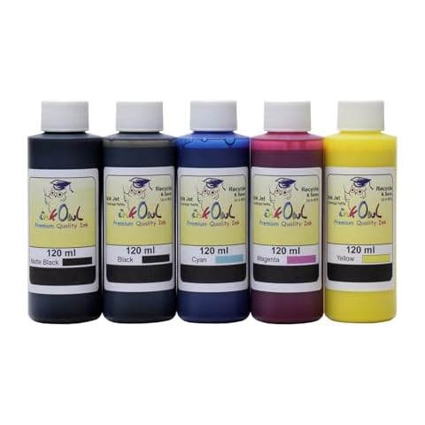 InkOwl Refill Kit Replacement for Canon GP-200, GP-300, TA-20, TA-30, TM-200, TM-205, TM-300, TM-305, TX-2000, TX-2100, TX-3000, TX-3100, TX-4000, TX-4100, TZ-30000 (5x120ml) - USA-Made Pigment Ink Cover