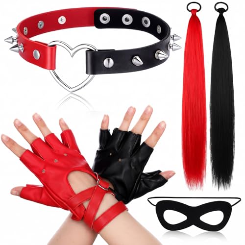 Bonuci 4 Pcs Halloween Joker Costume for Women Black Red Fingerless Gloves, Leather Heart Choker Collar, Hair Extensions with Elastic Tie, Eye Mask Accessories Set Masquerade Cosplay Party Favor