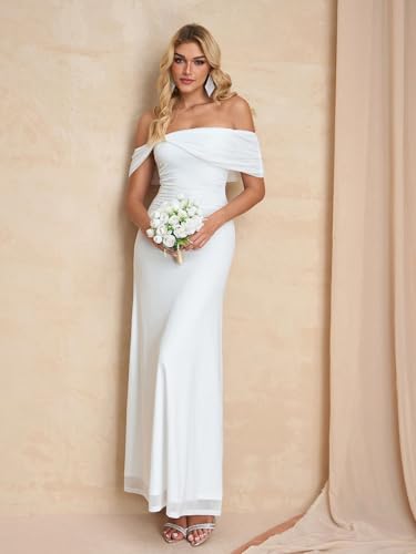 Image of KUTUMAI Women Floral Off Shoulder Maxi Dress Summer Ruched Bodycon Long Formal Wedding Guest Dresses 2026