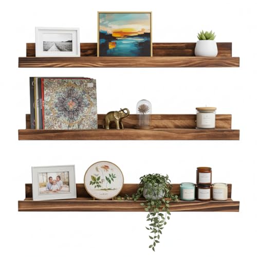 AZSKY 24 Inch Floating Shelves Set of 3 - Rustic Wood Picture Led...