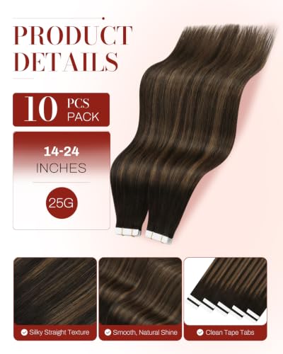 Image of Moresoo Brown Balayage Seamless Tape Extensions Human Hair 16in 10Pcs 25g | Hair extensions tape, partial-volume set, straight strands, low-profile tabs for office looks and weekend styling use