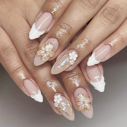 Image of Secret Lives Glossy Nude & White Tip Press-On Nails - 3D Floral Design with Gold Stud Accents Almond Shape Wearable False Nails 24-Pieces Set with Kit