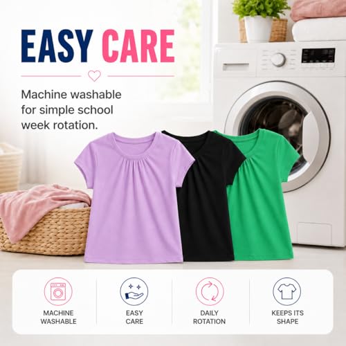 Image of Bienzoe Plain Solid Girls T-Shirts: School Basic Tee 3-Pack | Short Sleeve, Ages 4-13, PE, Recess, Outdoor Play, Soft Cotton Blend, Breathable Quick-Dry, Easy Care, Easy to Mix and Match