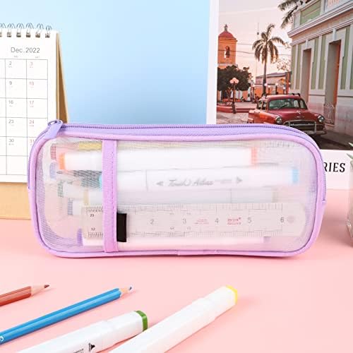 Thboxes Purple Grid Mesh Pencil Case, Clear Girls Pen Pencil Case, Transparent Pencil Pouch Cosmetics Bag Organizer Box with Zipper for Teen Girls Adluts