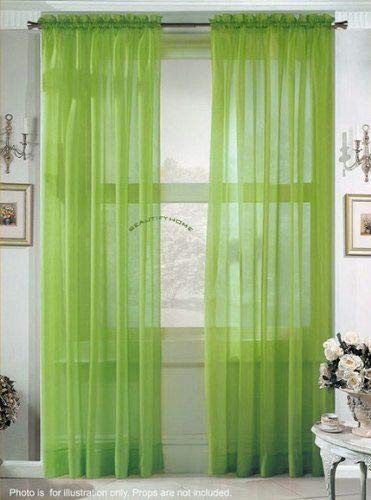 SMT_EHF New Sheer Voile 2-Piece Lime Green Curtain Panel Solid Window Treatment 95" Long