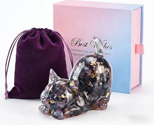 Image of GMBANK Amethyst Crystal Cat Ornament, Purple Energy Stone Figurine for Cat Lovers & Women with Gift Box, Card & Pouch, Spiritual Crystal Gifts for Meditation Yoga Desktop Decor for Home Office