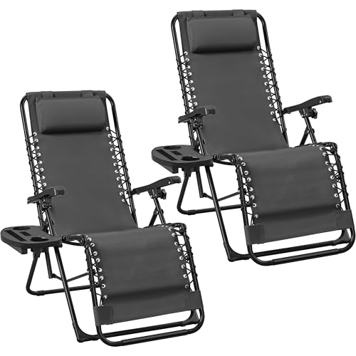 Abician Transat en Textilène avec Plateau Amovible, Lot de 2 Chaise Longue Pliante de Zéro Gravité Inclinable, Fauteuil Relax pour Bain de Soleil Piscine...
