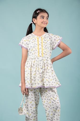 Image of Tweeny Mini Girls Kids Pure Cotton Nightsuit | Nightwear | Sleepwear | Nightdress with Pajama and Halfsleeve Top Cute Butterfly Printed with Eye Mask